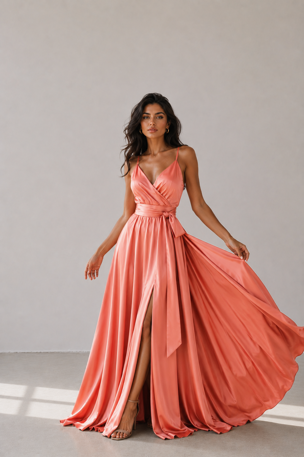 Coral Silk Satin Spaghetti Strap Maxi Wrap Dress with Side Slit
