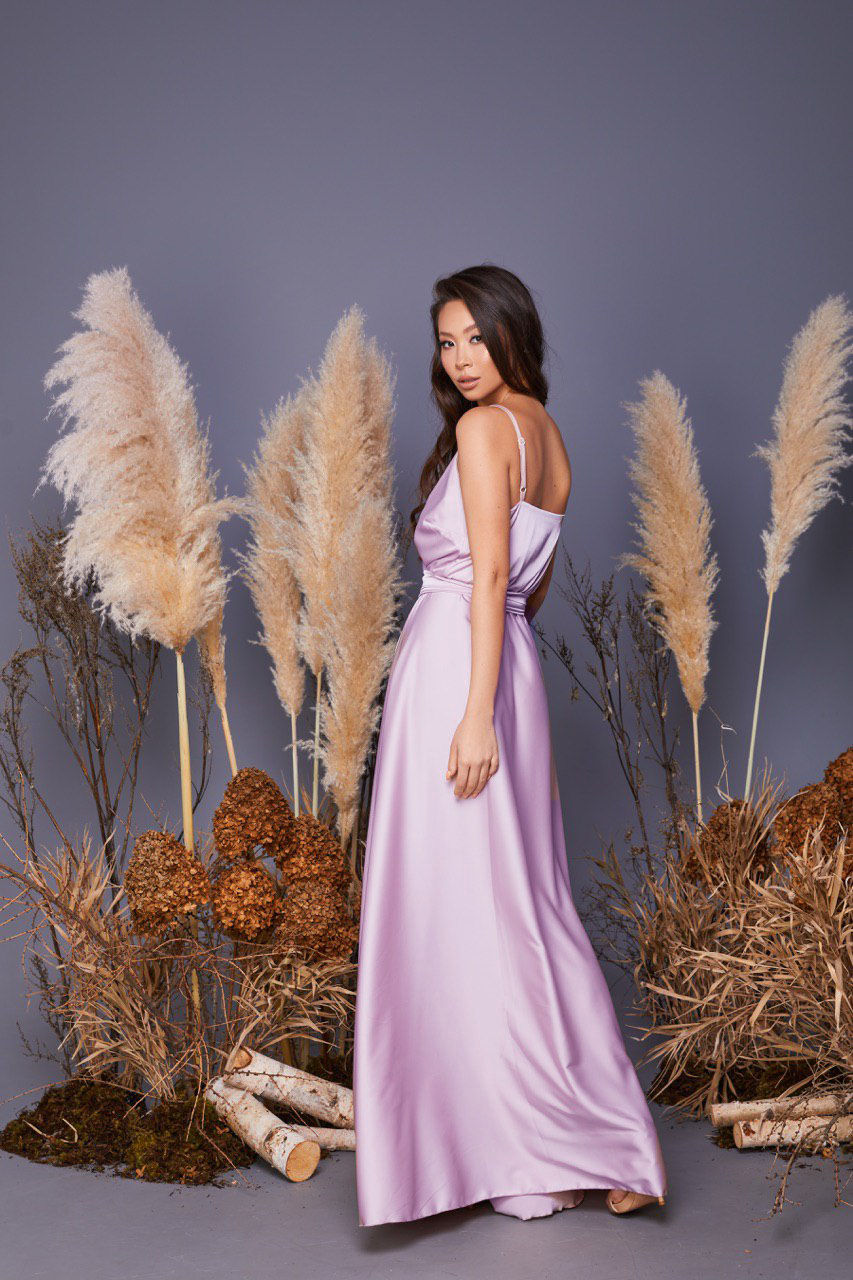 Miniature : Pale Lilac Silk Satin Spaghetti Strap Maxi Wrap Dress with Side Slit