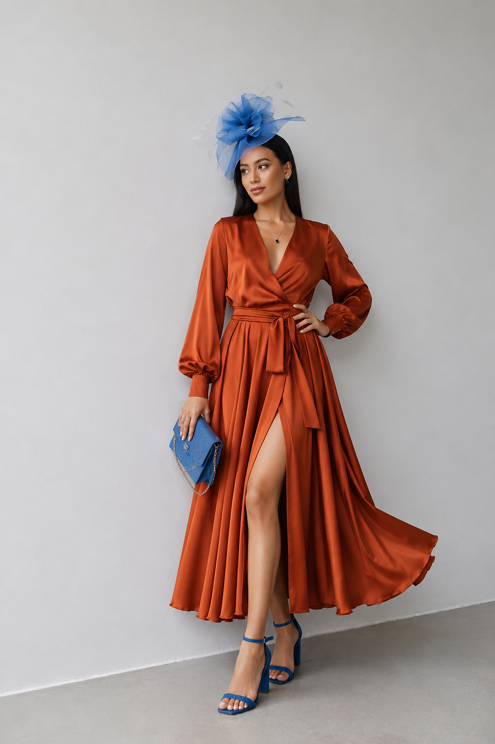 rust silk satin long sleeve wrap midi dress for wedding guest and mother of the bride