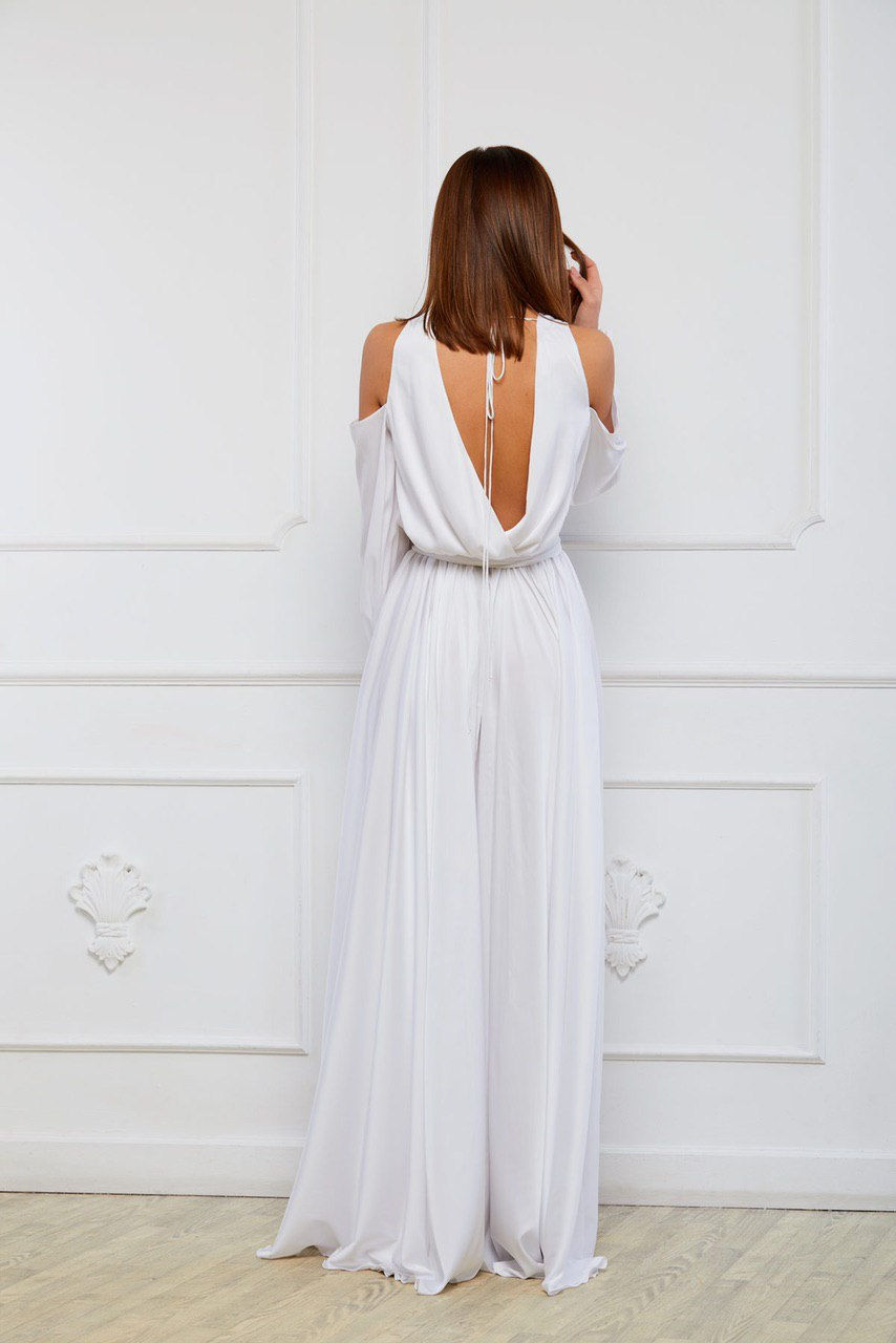 Miniature : White Satin Open Back Low Back Maxi Wrap Dress