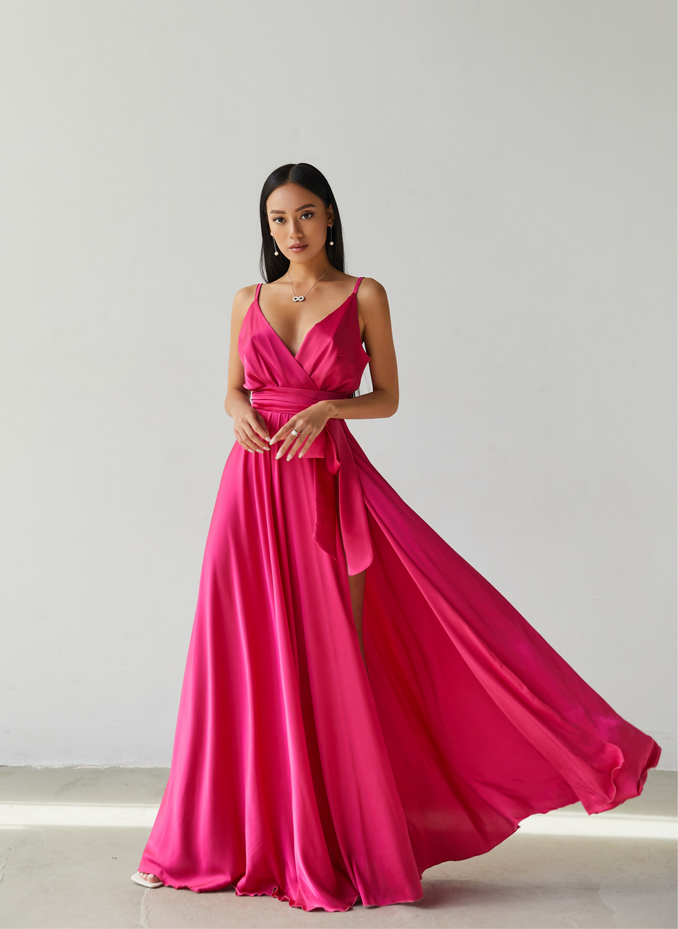 Fuchsia Pink Silk Satin Spaghetti Strap Maxi Wrap Dress with Side Slit