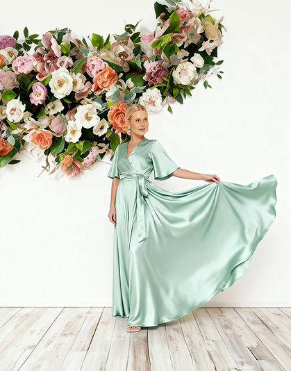 Sage Green Silk Flutter Sleeve Maxi Wrap Dress with Side Slit | Mayleen Sage Green Silk Flutter Sleeve Maxi Wrap Dress with Side Slit | Mayleen