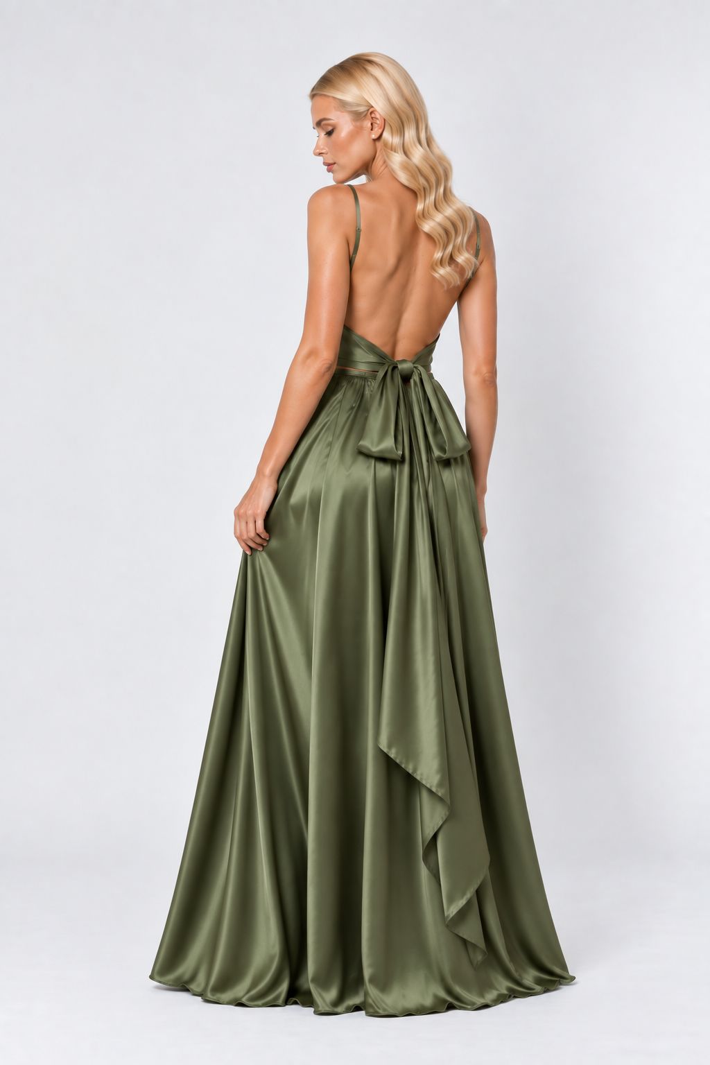 Olive Green Silk Satin Cowl Neck Backless Bow Tie Maxi Dress with Slit