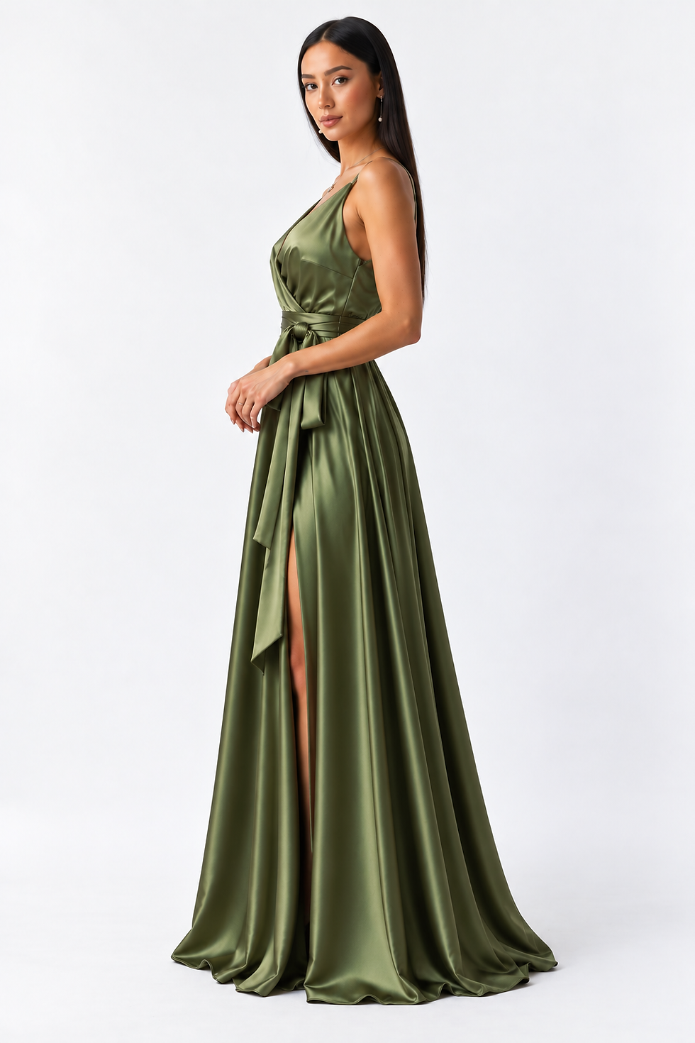 Thumbnail: Olive Green Luxe Satin Maxi Dress with Spaghetti Straps