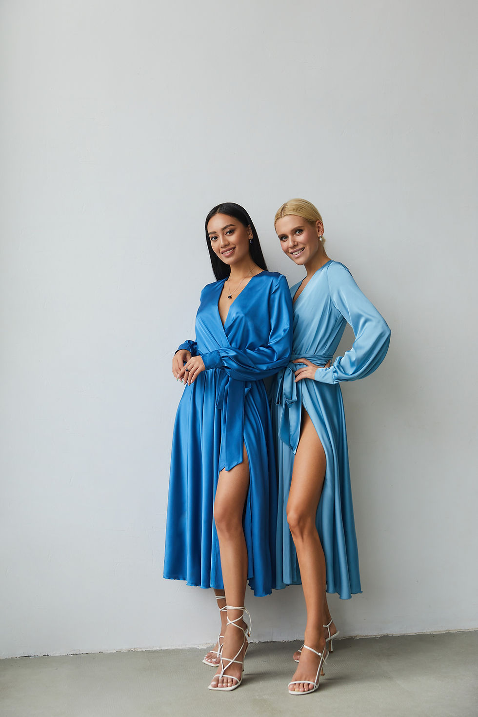 Miniaturbild: Sapphire Blue Satin Long Sleeve Midi Wrap Dress Bridesmaid Dress Wedding Guest Dress Formal Occasion Midi Dress