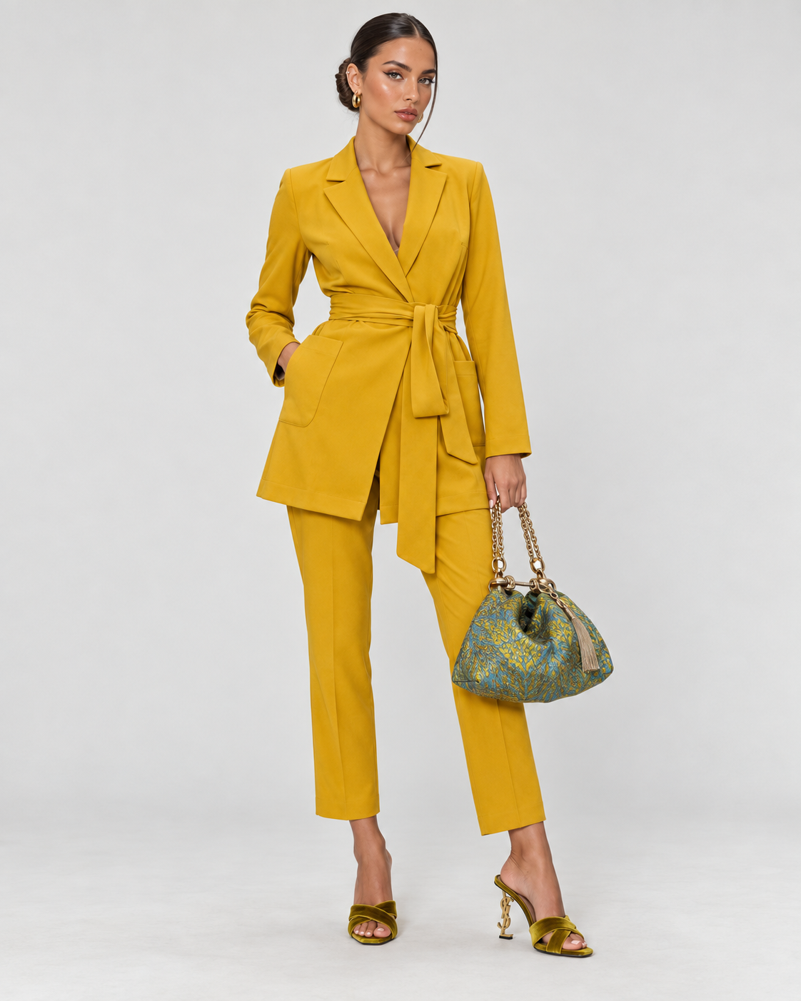 Mustard Yellow Belted Pantsuit – Elegant Tailored Blazer & Trousers Set