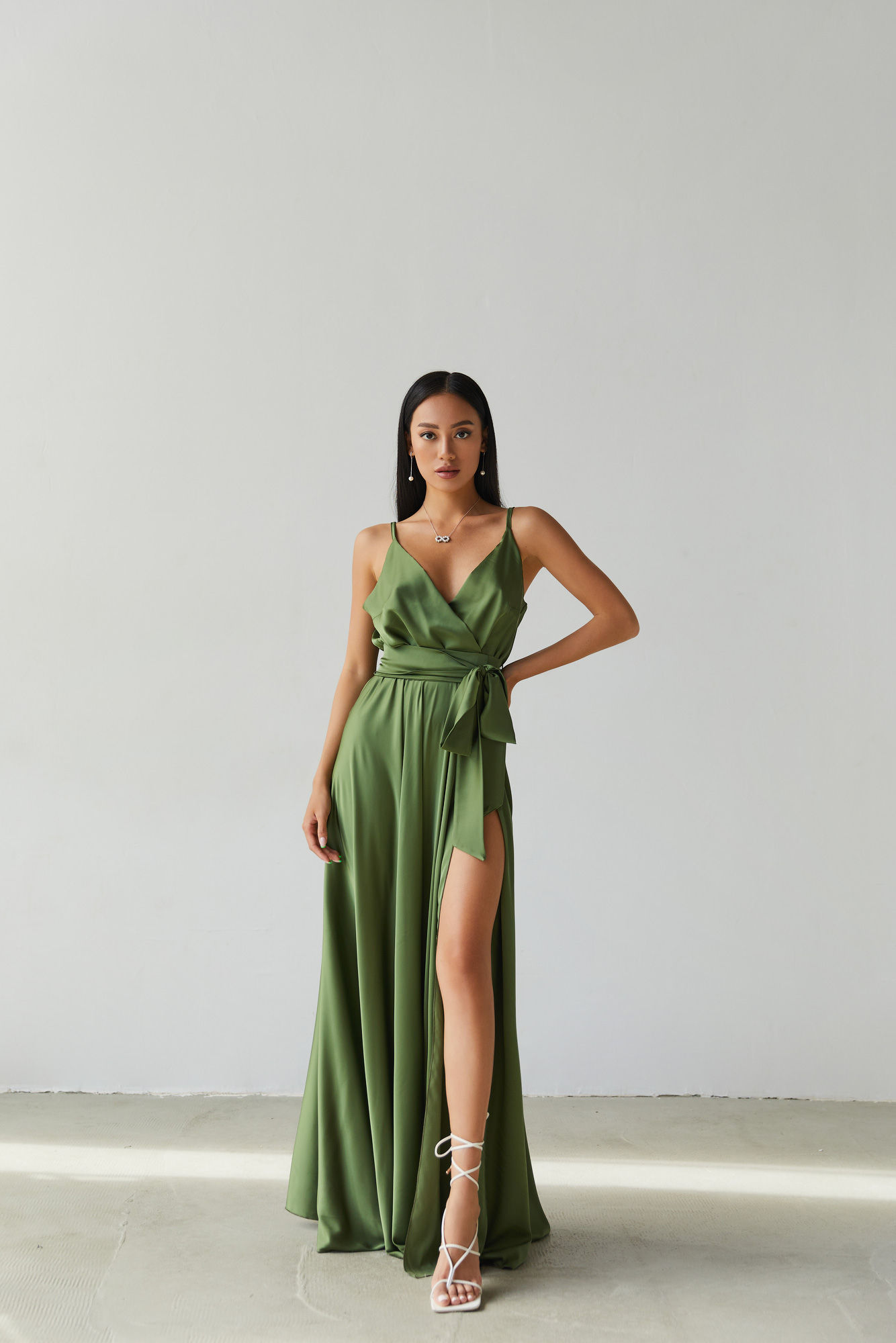 Red Silk Satin Spaghetti Strap Maxi Wrap Dress with Side Slit