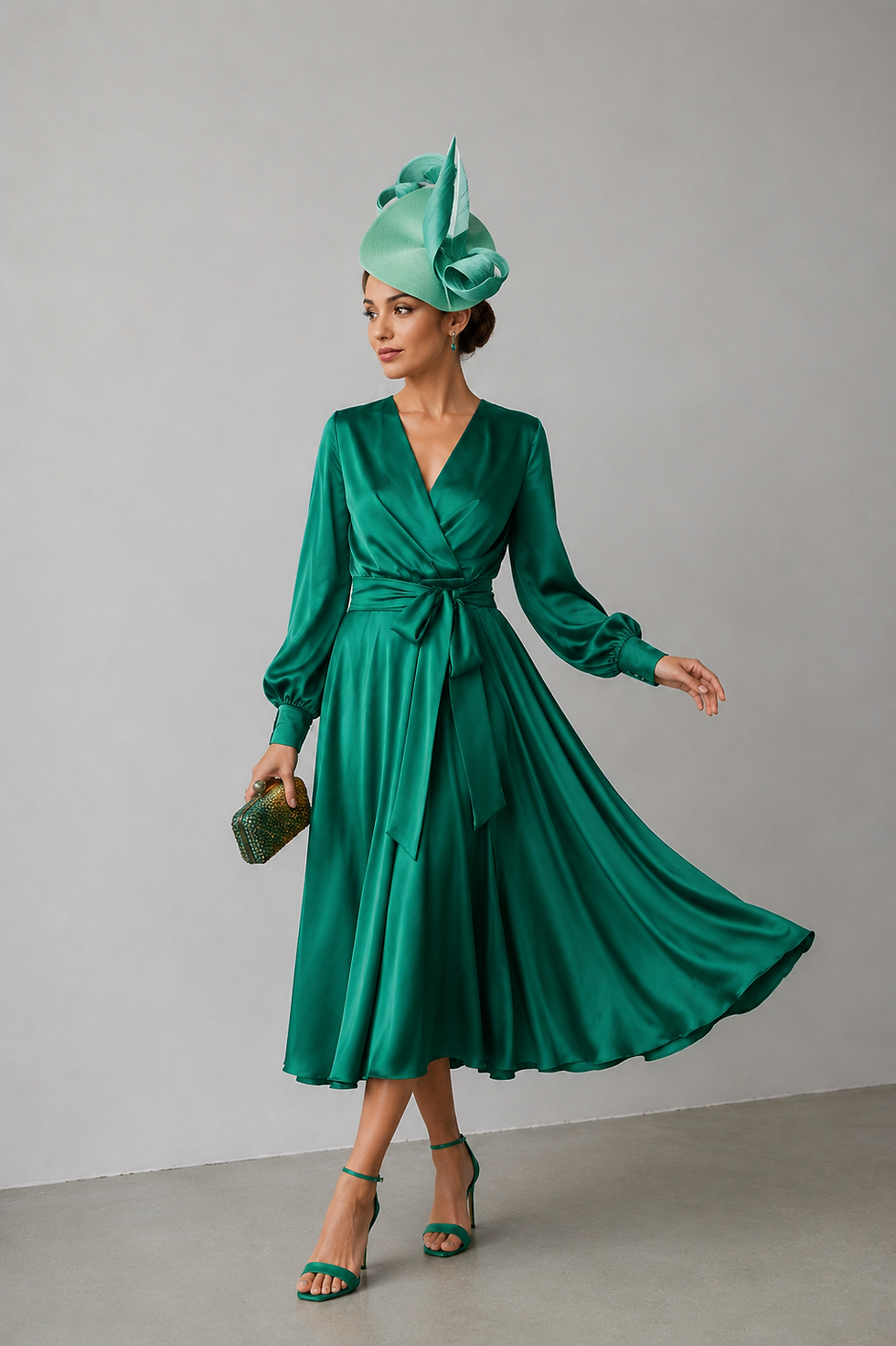 jade green silk satin long sleeve wrap midi dress for wedding guest and mother of the bride