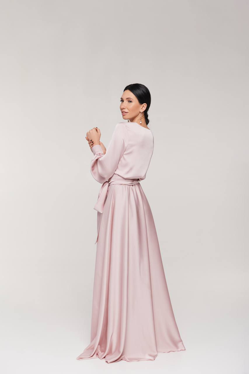 Thumbnail: Blush Pink Silk Long Sleeve Maxi Wrap Dress with Side Split Formal Evening Dress Special Occasion Dress Bridesmaid Dress