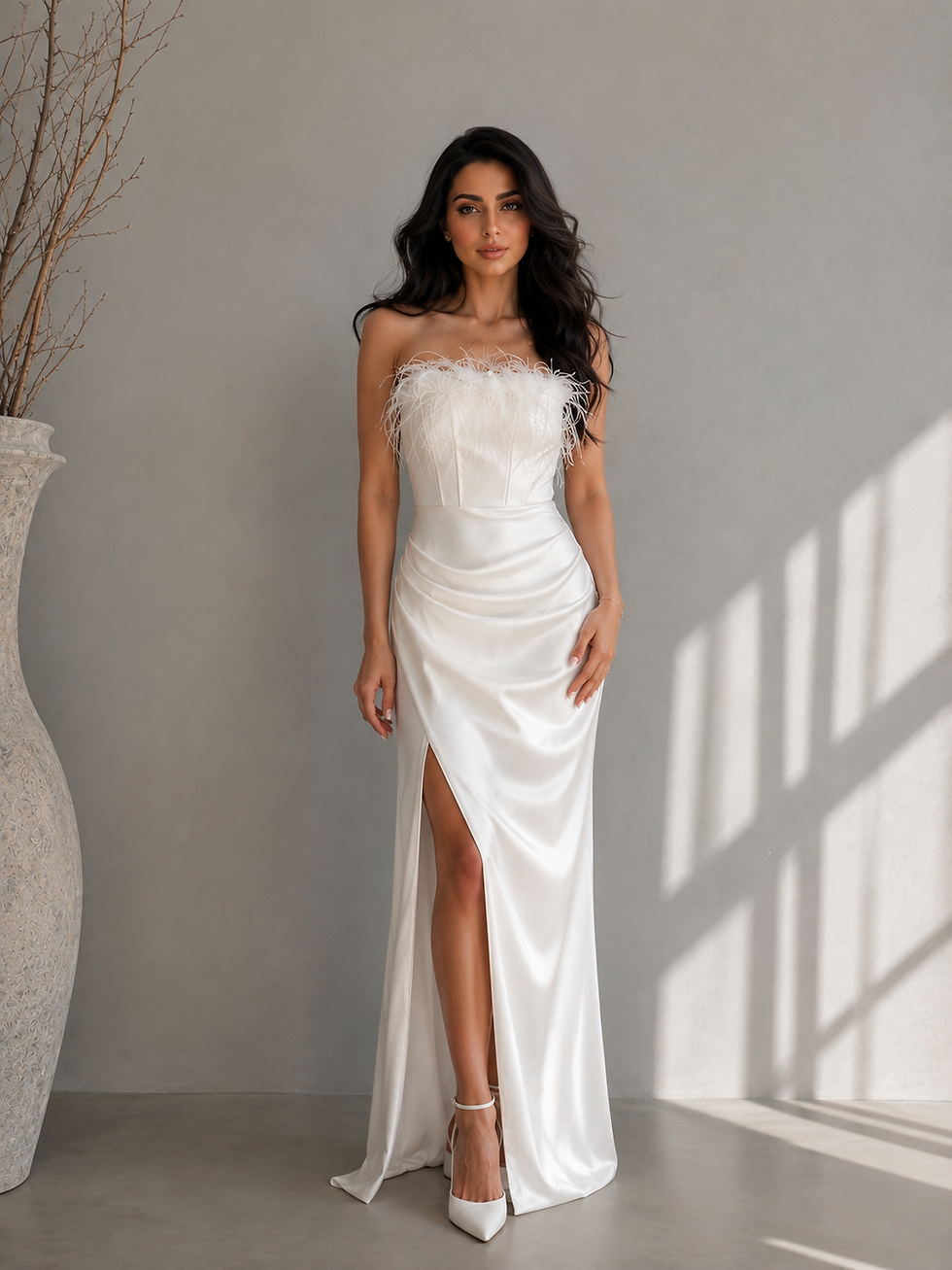 White Silk Satin Feather Trim Strapless Corset Maxi Gown with High Slit