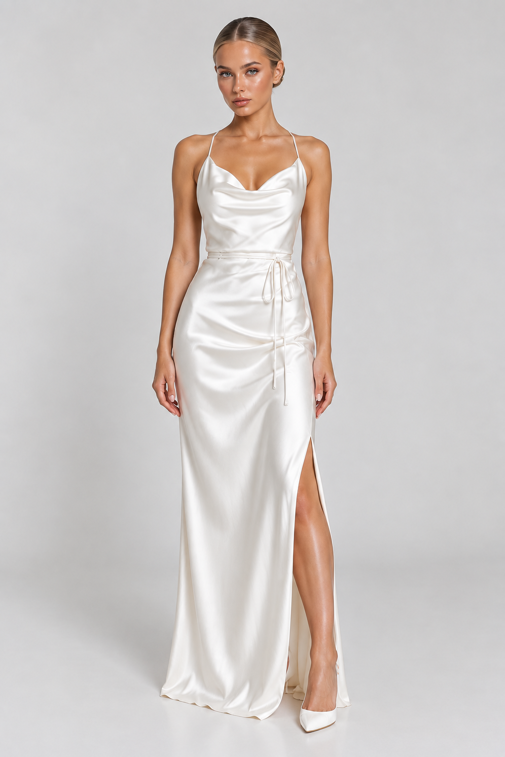White Satin Cowl Neck Lace Up Back Maxi Slip Dress