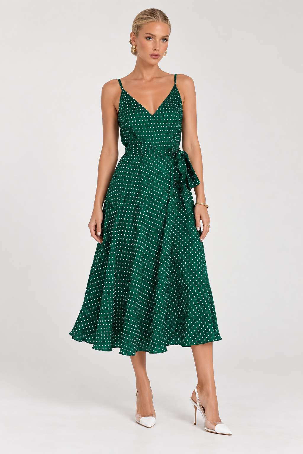Emerald Polka Dot Satin Spaghetti Strap Midi Wrap Dress