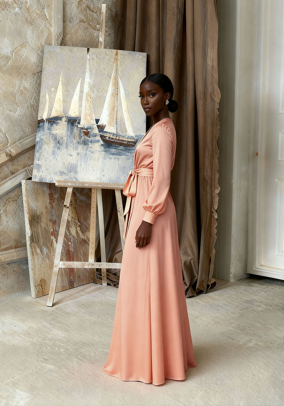 Thumbnail: Peach Silk Satin Long Sleeve Maxi Wrap Dress with Side Slit