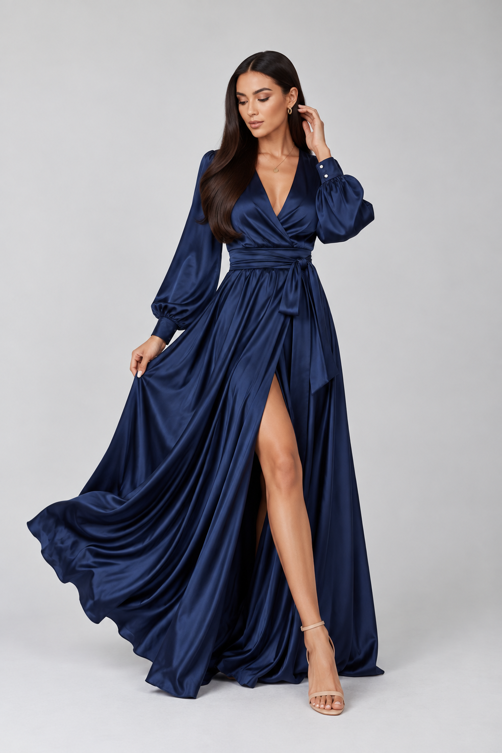 Navy Blue Silk Satin Long Sleeve Maxi Wrap Dress with Side Slit