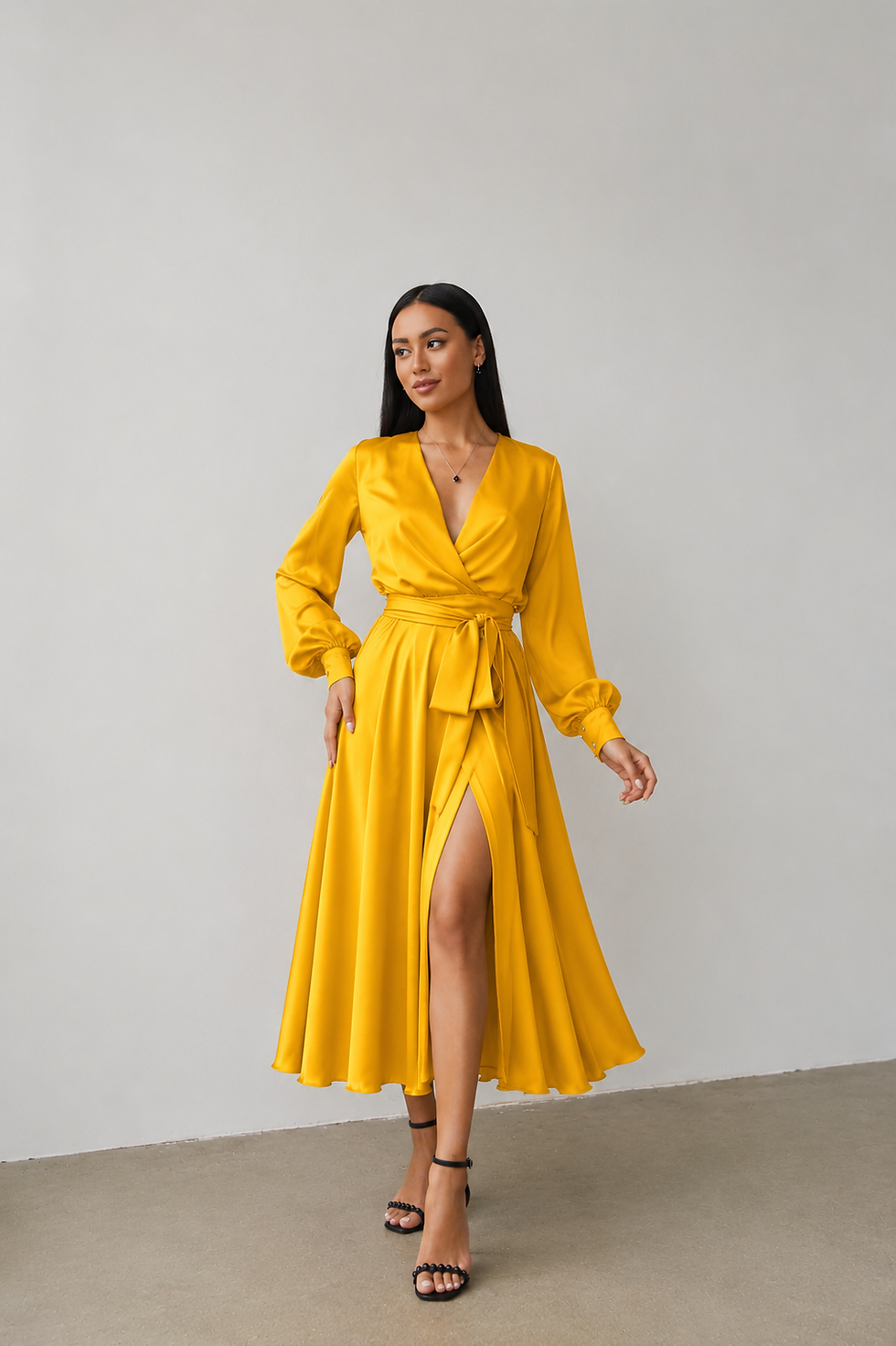 Mustard yellow silk satin wrap midi dress with long sleeves for wedding guests and mother of the bride
