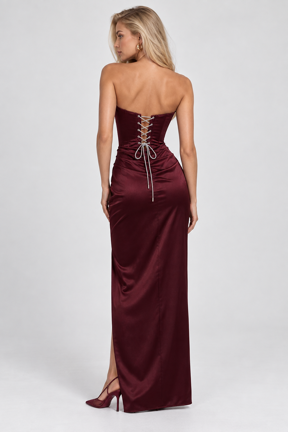 Miniature : Burgundy Silk Satin Feather Trim Strapless Corset Maxi Gown with High Slit
