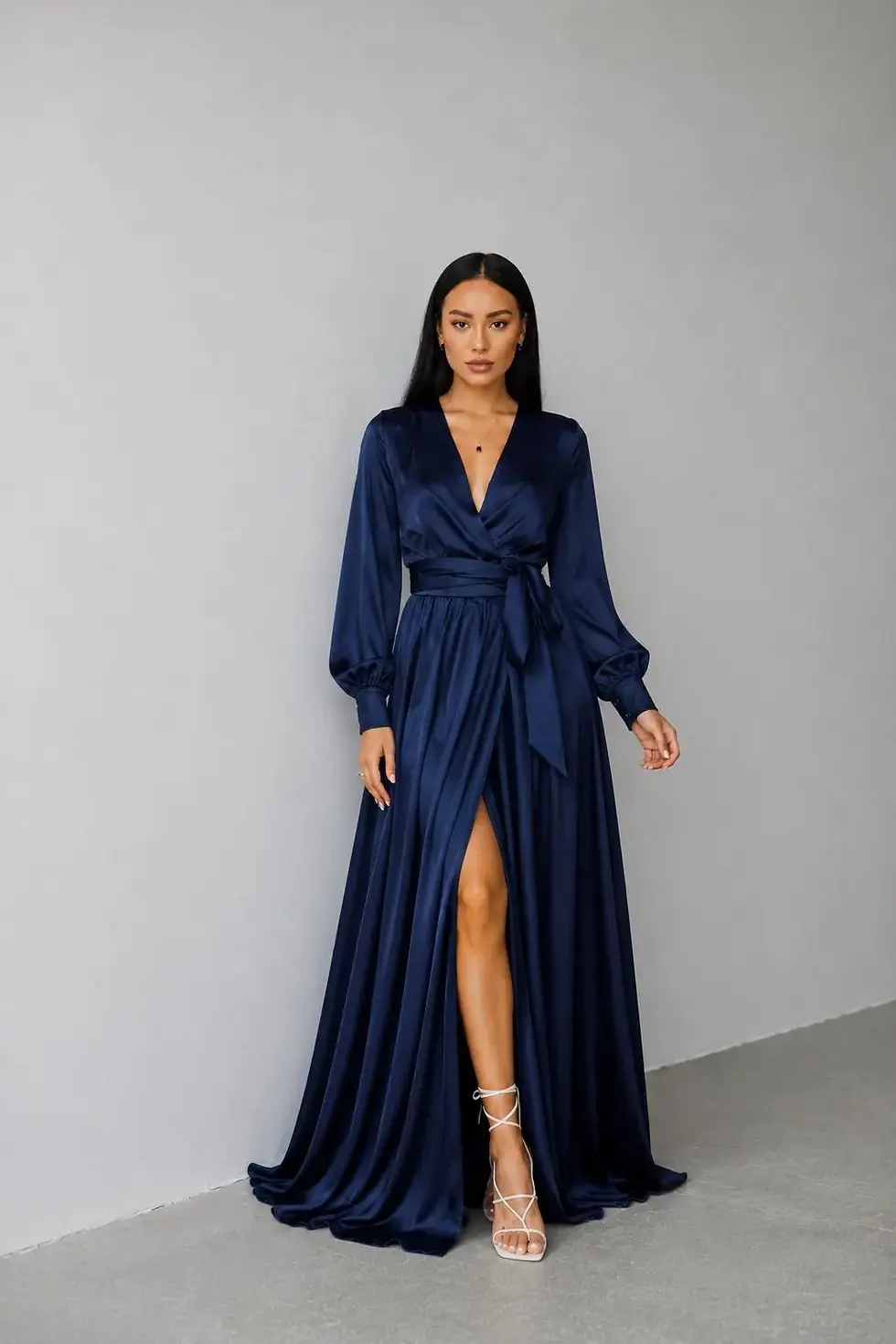 Thumbnail: Navy blue silk satin maxi wrap dress with long sleeves, tie waist and a high side slit