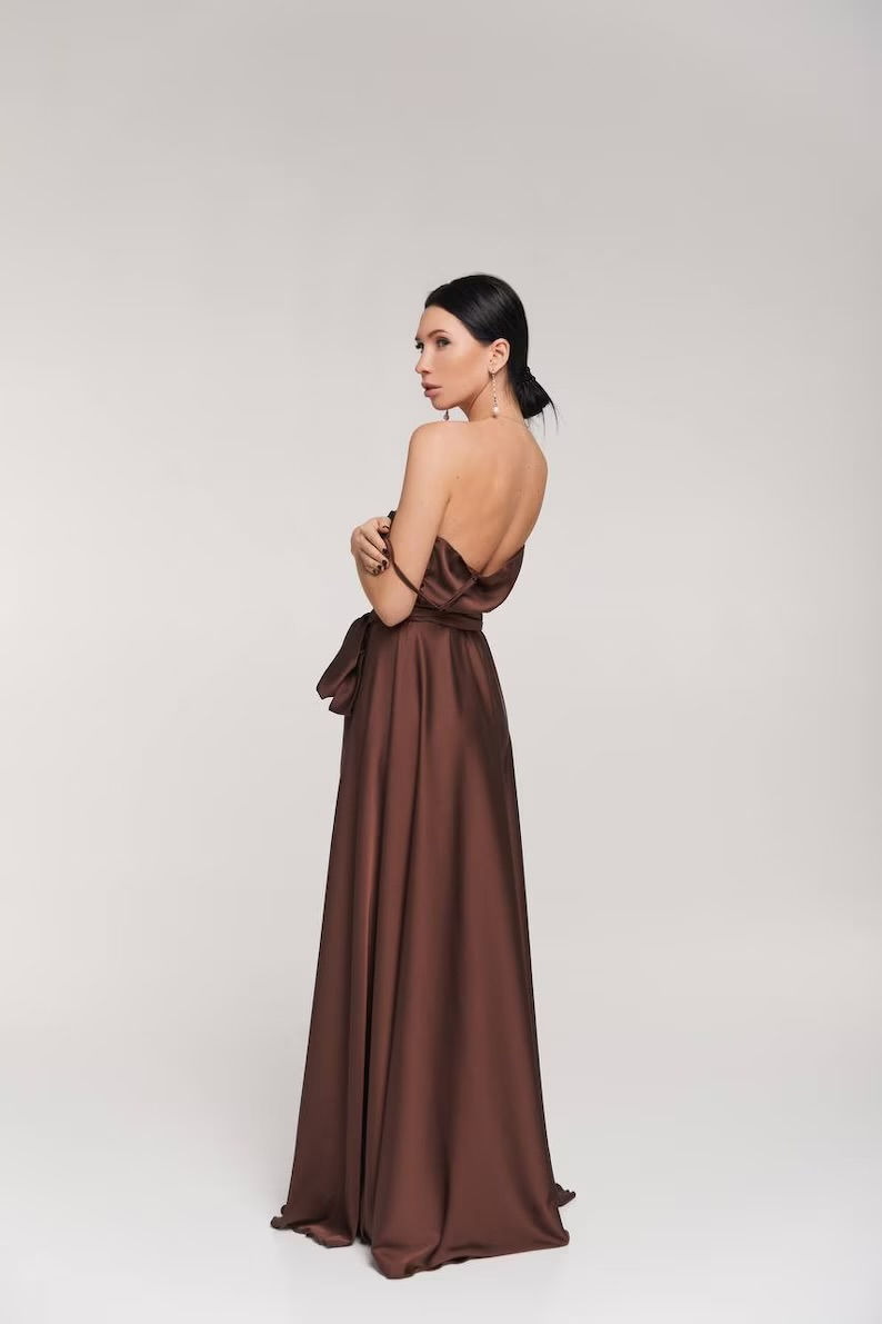 Chocolate Brown Silk Satin Maxi Wrap Dress Bridesmaid Dress Wedding Guest Dress Formal Evening Dress Special Occasion Dress
