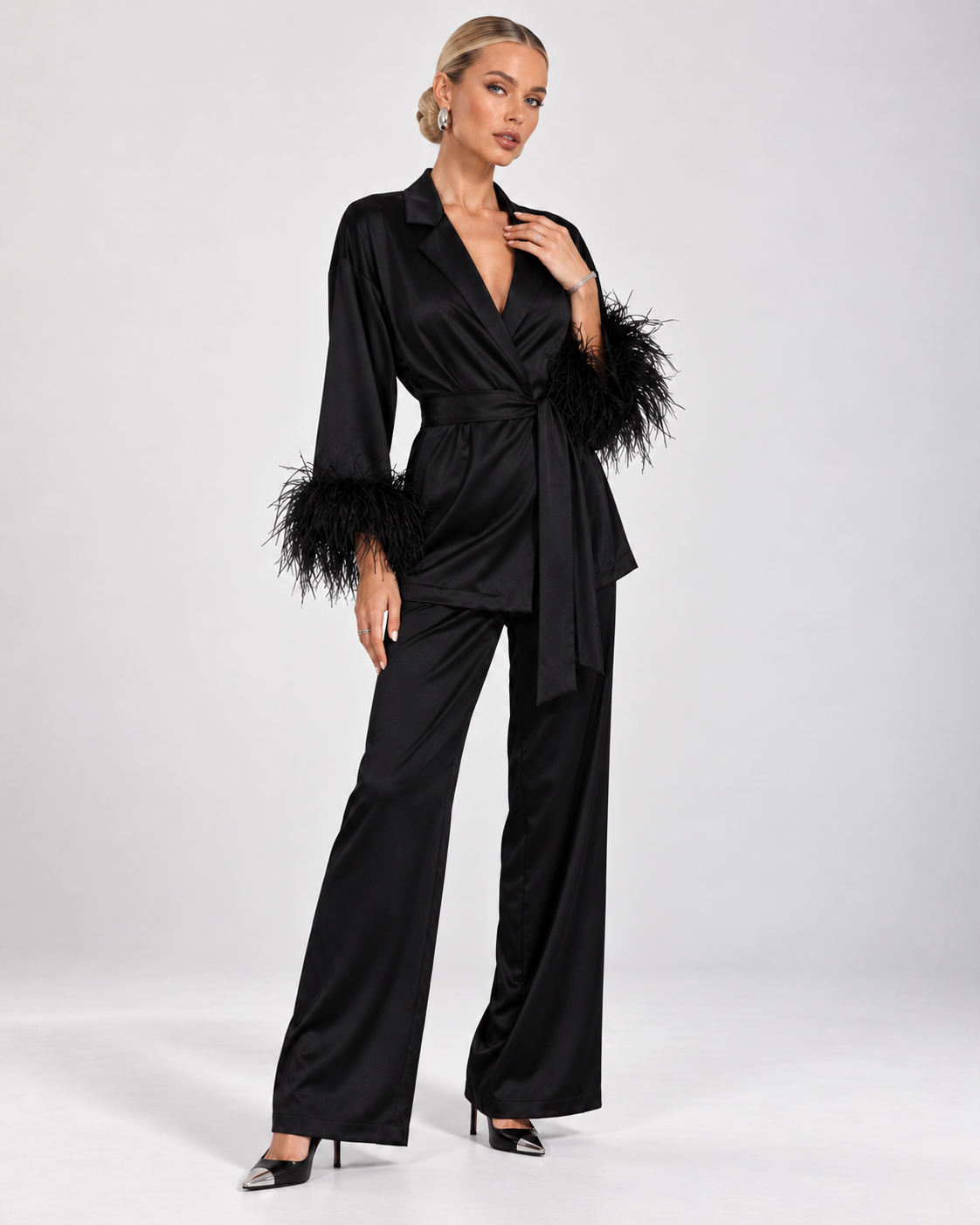 Black Silk Satin Feather Sleeve Two Piece Trouser Suit