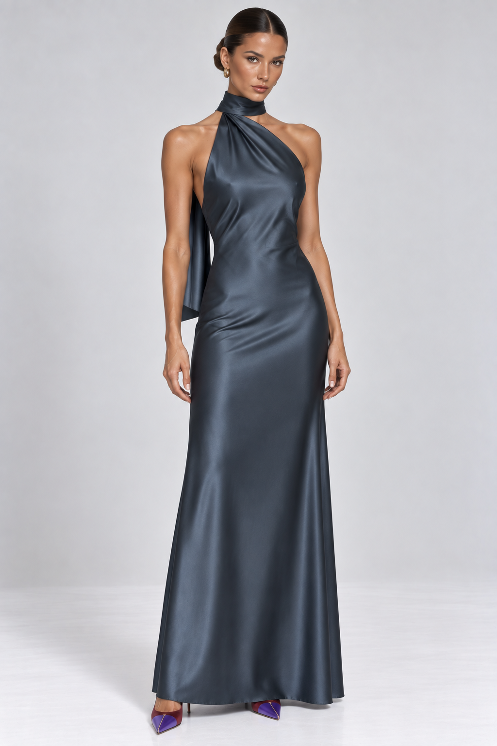 Charcoal Blue Satin Halter Neck Backless Maxi Dress