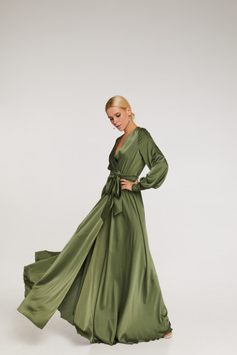 Olive GreenSatin Wrap Long Sleeve Maxi Dress | Elegant Silk Satin Formal Gown Olive GreenSatin Wrap Long Sleeve Maxi Dress | Elegant Silk Satin Formal Gown