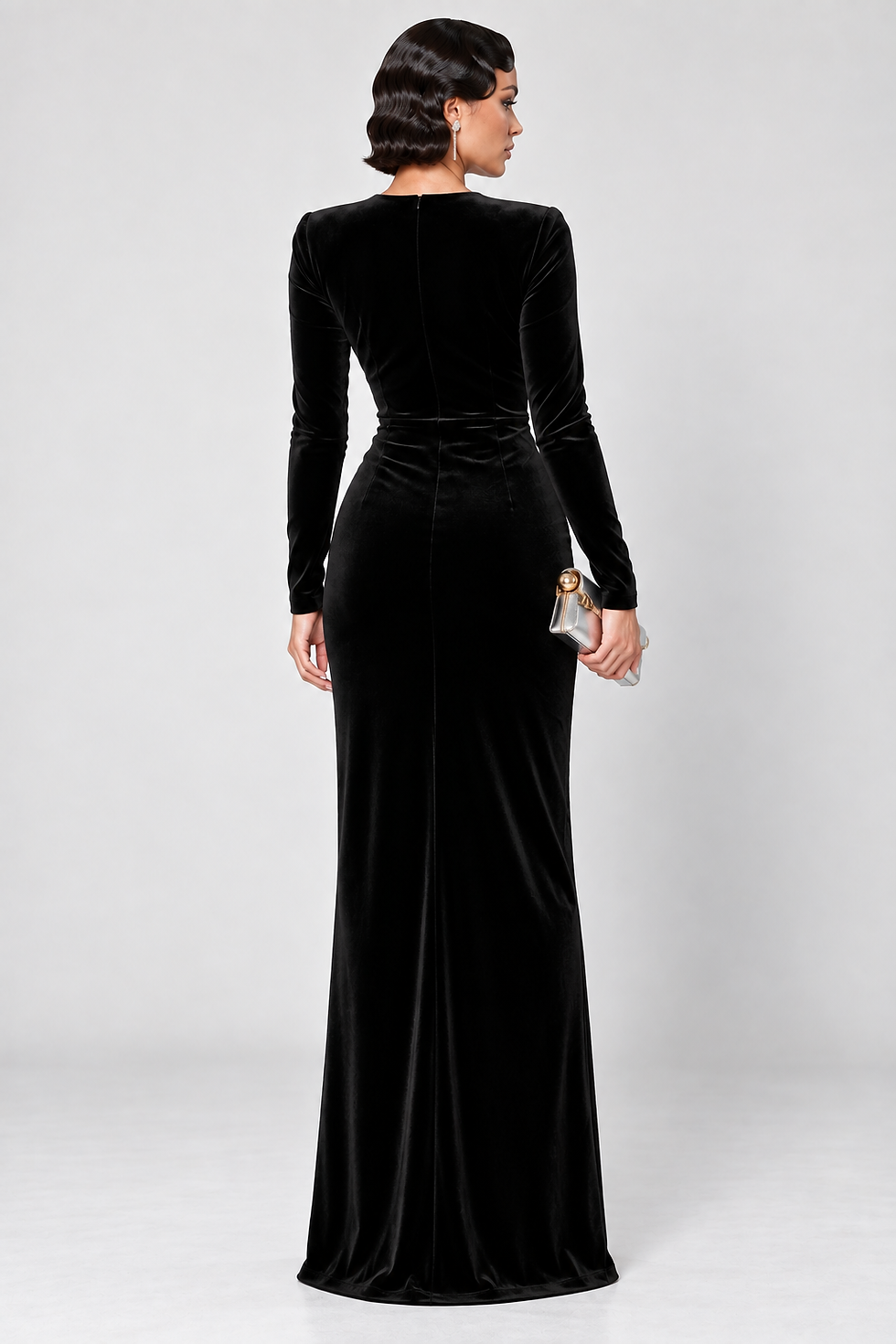 Miniaturbild: Black Velvet Long Sleeve Crystal Embellished High Slit Maxi Dress