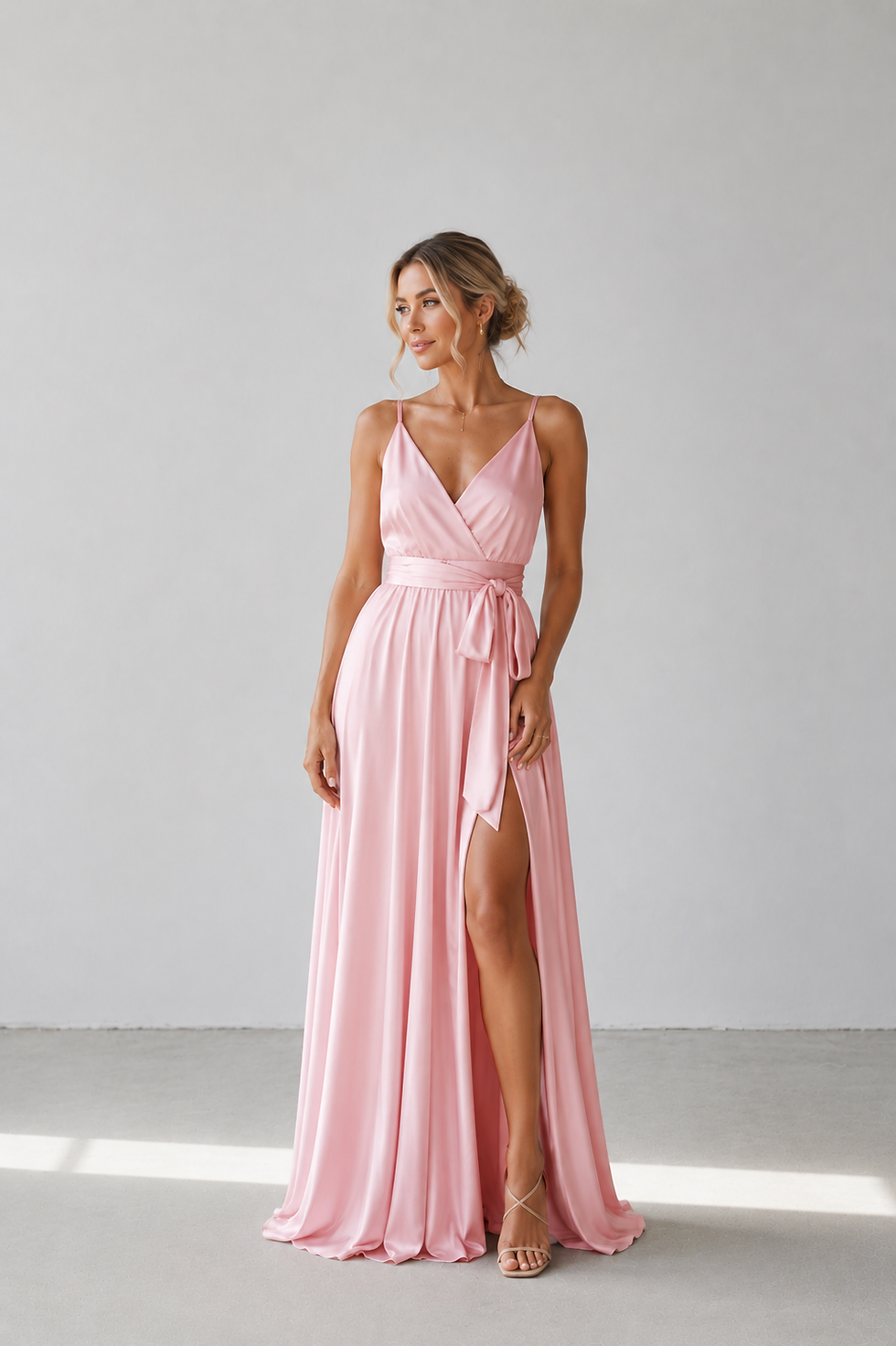 Petal Pink Silk Satin Spaghetti Strap Maxi Wrap Dress with Side Slit