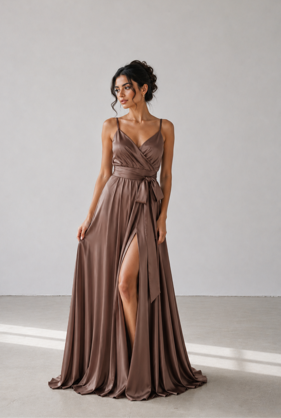 Mocha Brown Silk Satin Spaghetti Strap Maxi Wrap Dress with Side Slit