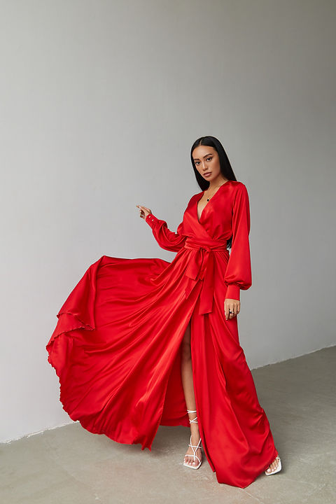 Red Silk Long Sleeve Maxi Wrap Dress with Side Split | Mayleen