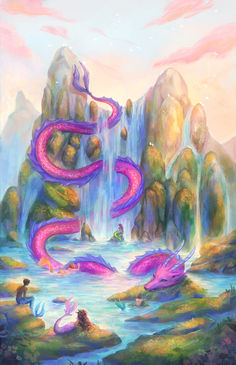 Dragon Bath - an illustration of a water dragon floating in a pool fed by waterfalls. Mermaids swim by the dragon and lay on the grassy rocks around.