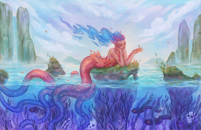 A mermaid with flowing blue hair lays on a rock. Below the water, dark fish swim among seaweed hiding bones. The mermaid's tails twist among the rocks.