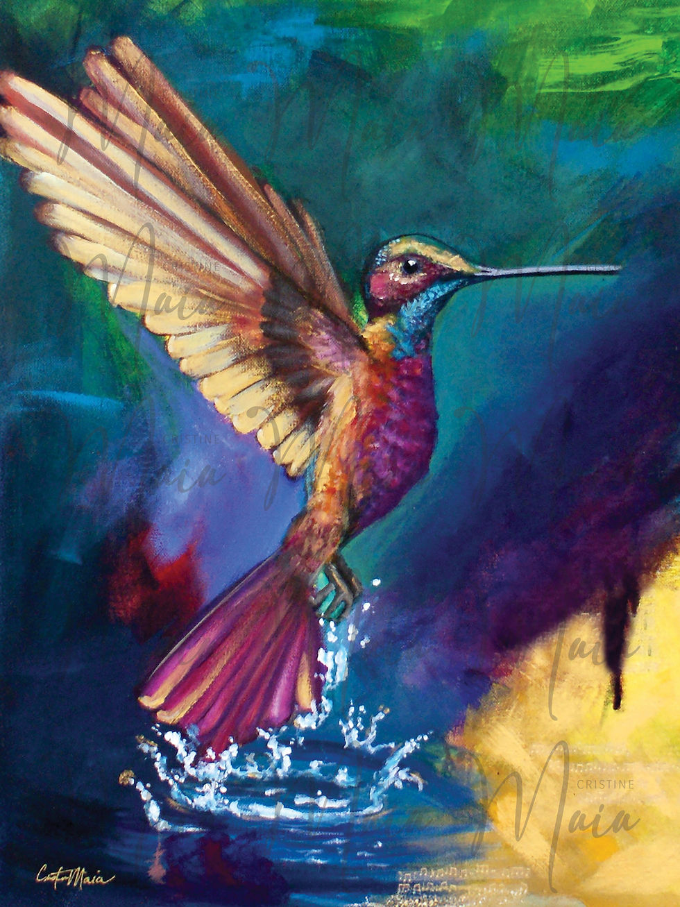 Thumbnail: Close-up of "Emergence" art print featuring a vibrantly colored hummingbird in flight with gold.