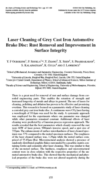 New Journal on Laser Cleaning of Automotive Brake Disc.