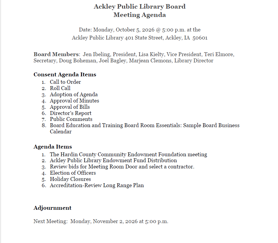Library Board of Trustees | October 5, 2026
