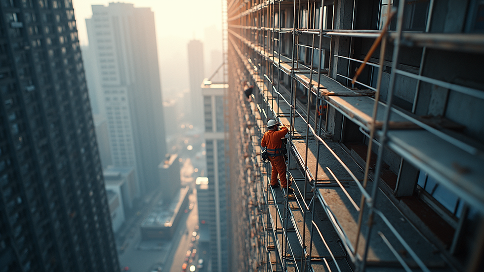 High angle view of scaffolding inspection on a commercial building site