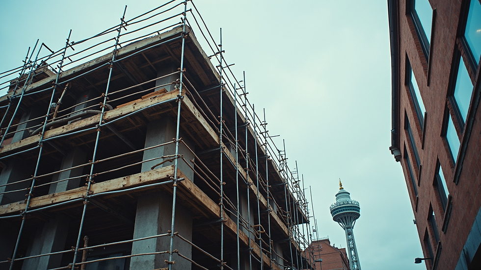 High angle view of scaffolding being erected on a commercial building site