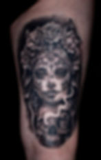 Realistic black and grey tattoo of La Catrina, by Dagga