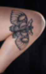 Black and grey bold moth tattoo on a leg, by Dagga