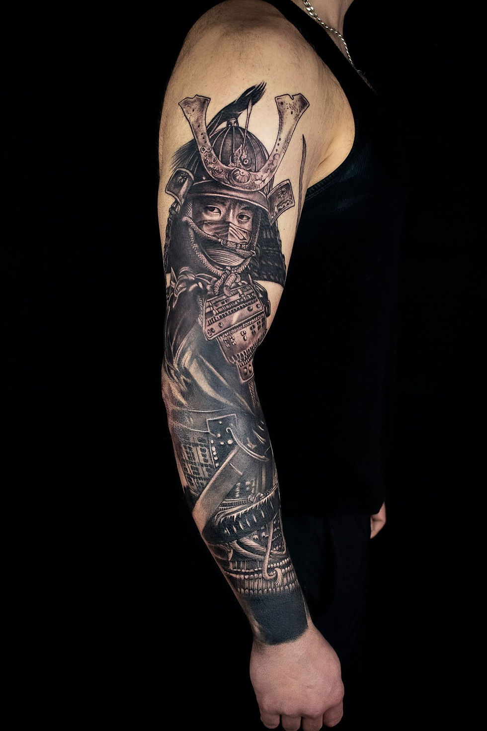 Realistic black and grey samurai tattoo sleeve, by Dagga