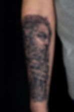 Realistic black and grey Poseidon tattoo, by Dagga