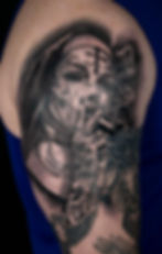 Realistic black and grey tattoo of a smoking nun, by Dagga