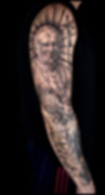 Realistic religious sleeve tattoo, by Dagga