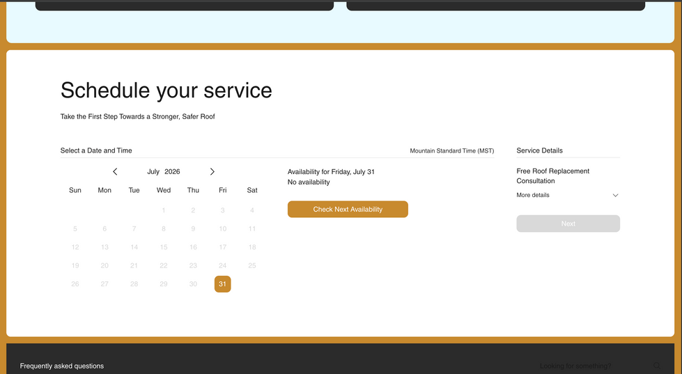 Calendar interface for scheduling a service appointment.