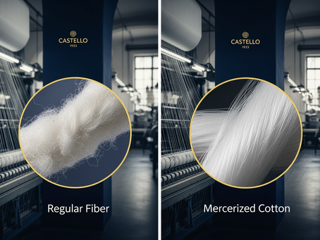 Split-screen comparison of mercerized cotton vs regular cotton fibers showing superior quality and durability with CASTELLO 1935 Italian craftsmanship since 1935