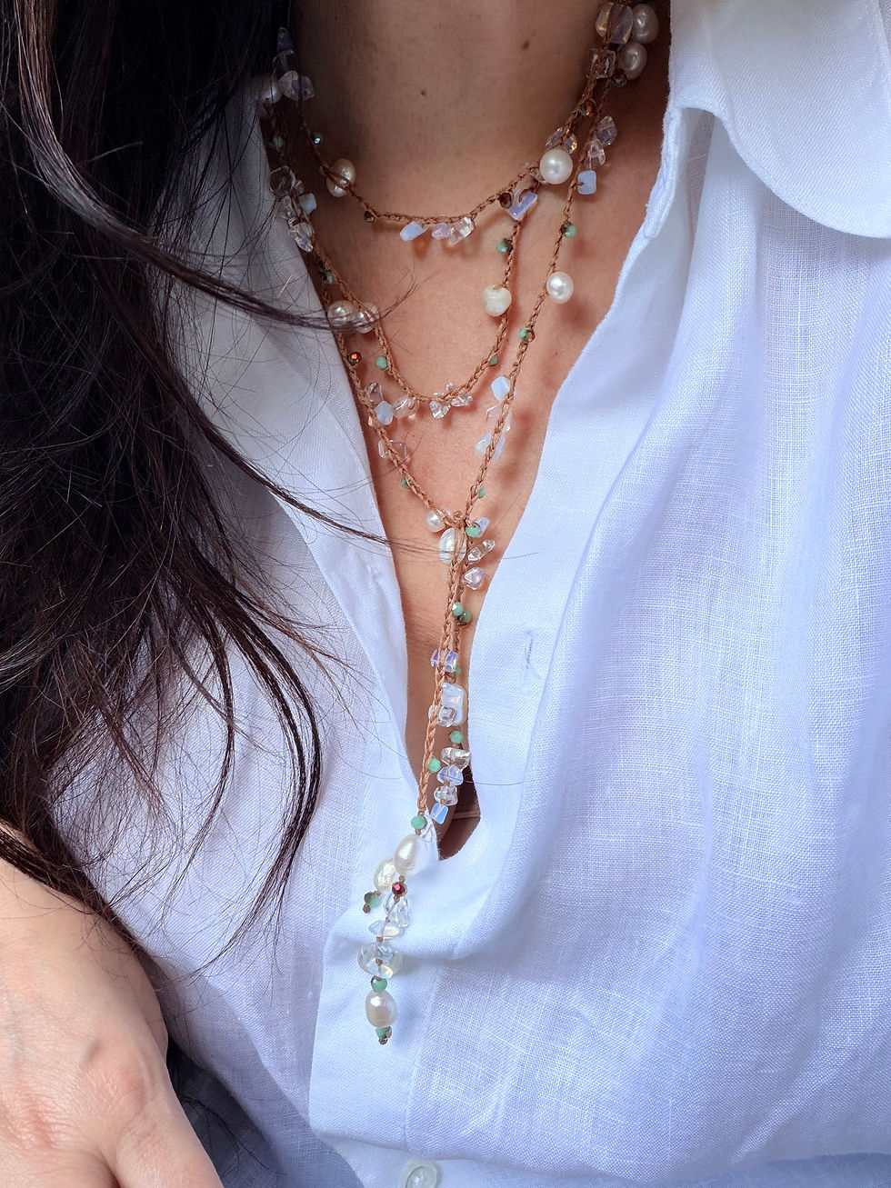 Miniature : Collier en crochet  – perles d’eau douce et cristal. 