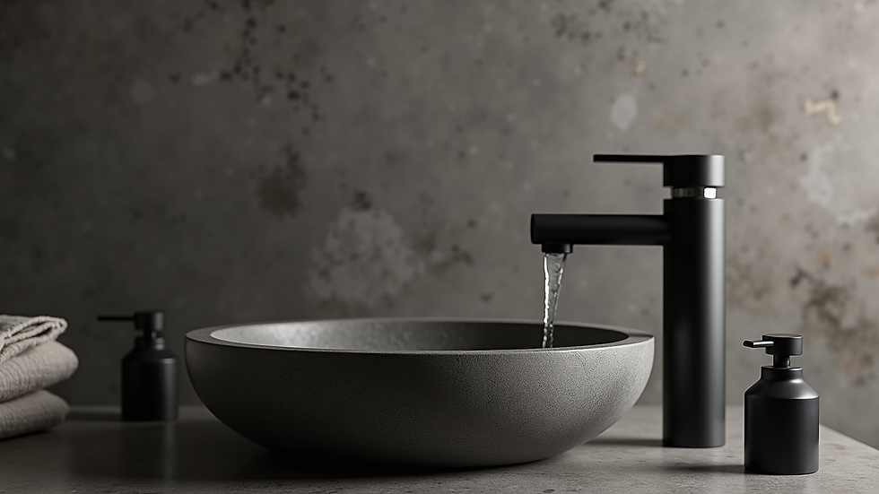 Close-up view of matte black bathroom fixtures and natural stone basin