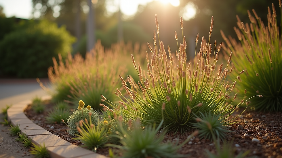 Eye-level view of a garden bed with Australian native plants like Kangaroo Paw and Grevillea
