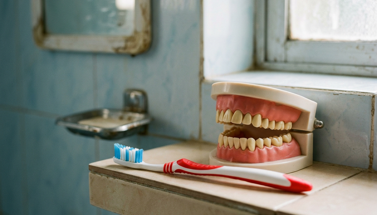 Close-up of a toothbrush beside a dental model.