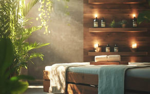 A serene spa setting with soft natural light, a massage table with warm towels
