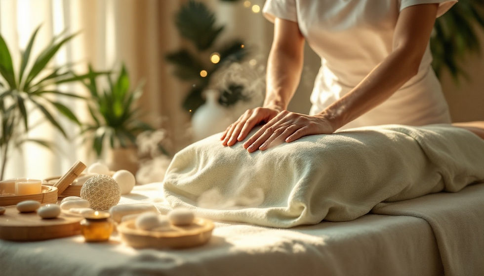 A serene massage setting with soft lighting, a diffuser emitting steam, and essential oil bottles arranged nearby.